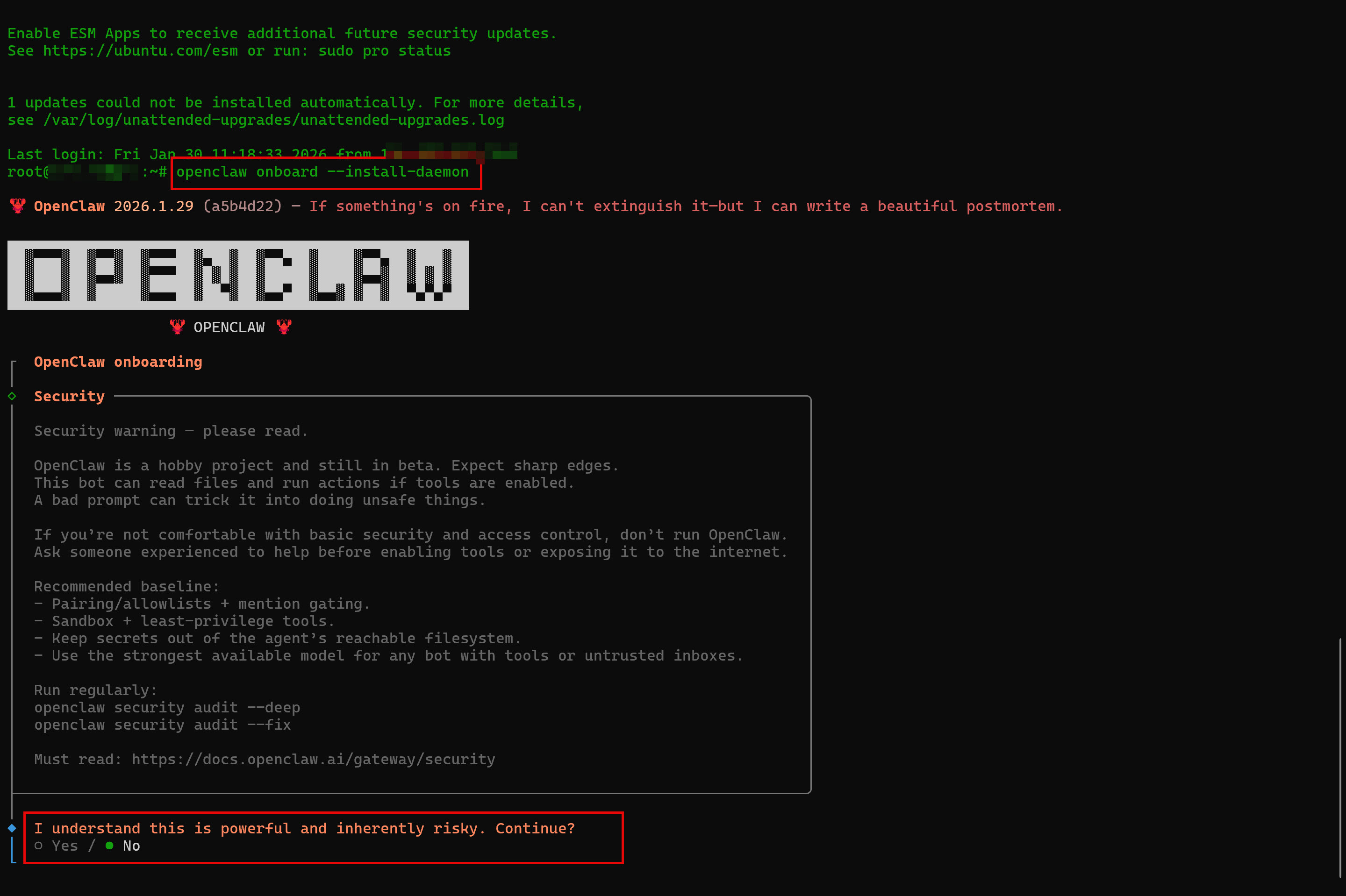OpenClaw onboarding launch and security warning