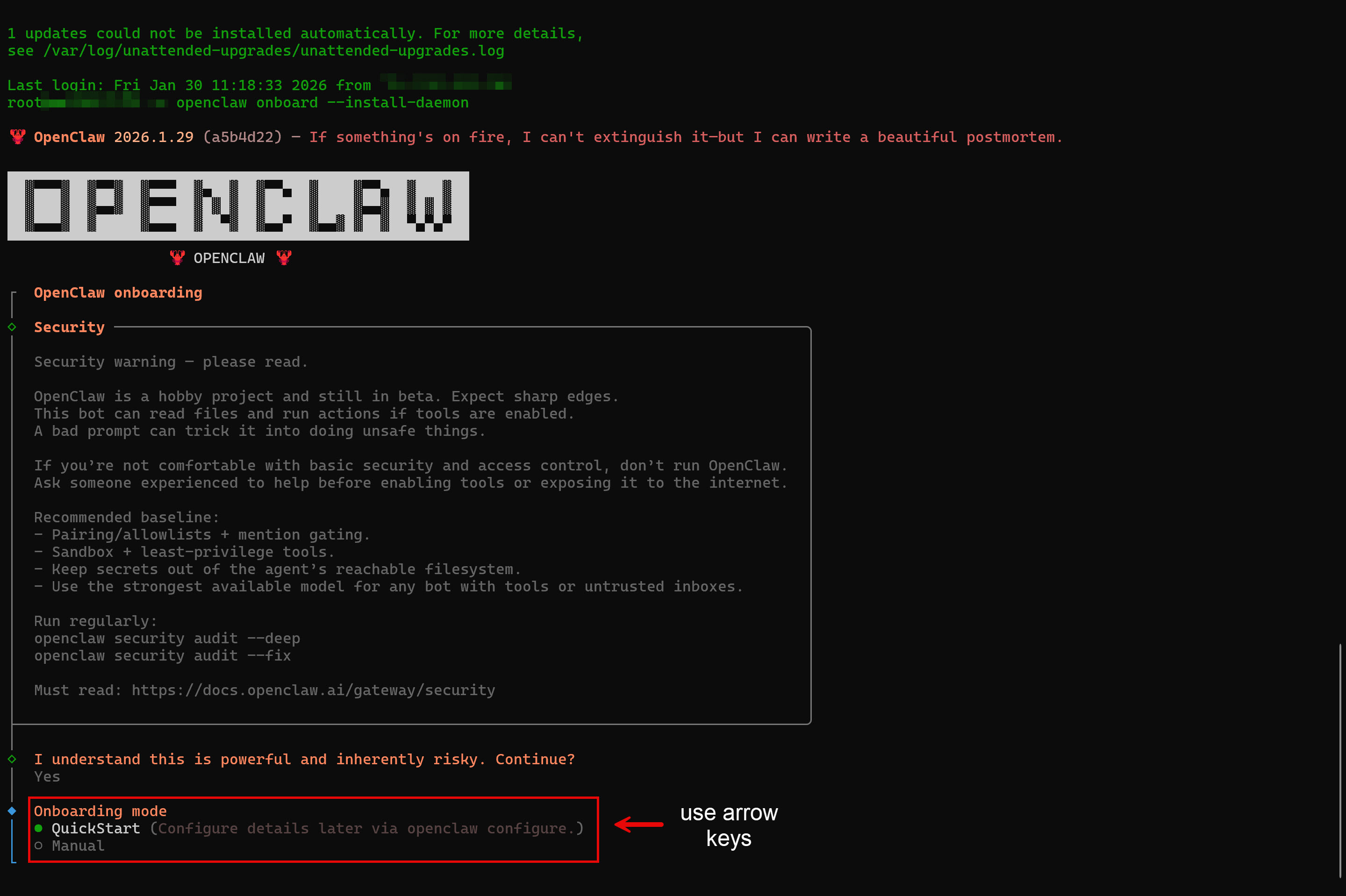 Select QuickStart onboarding mode