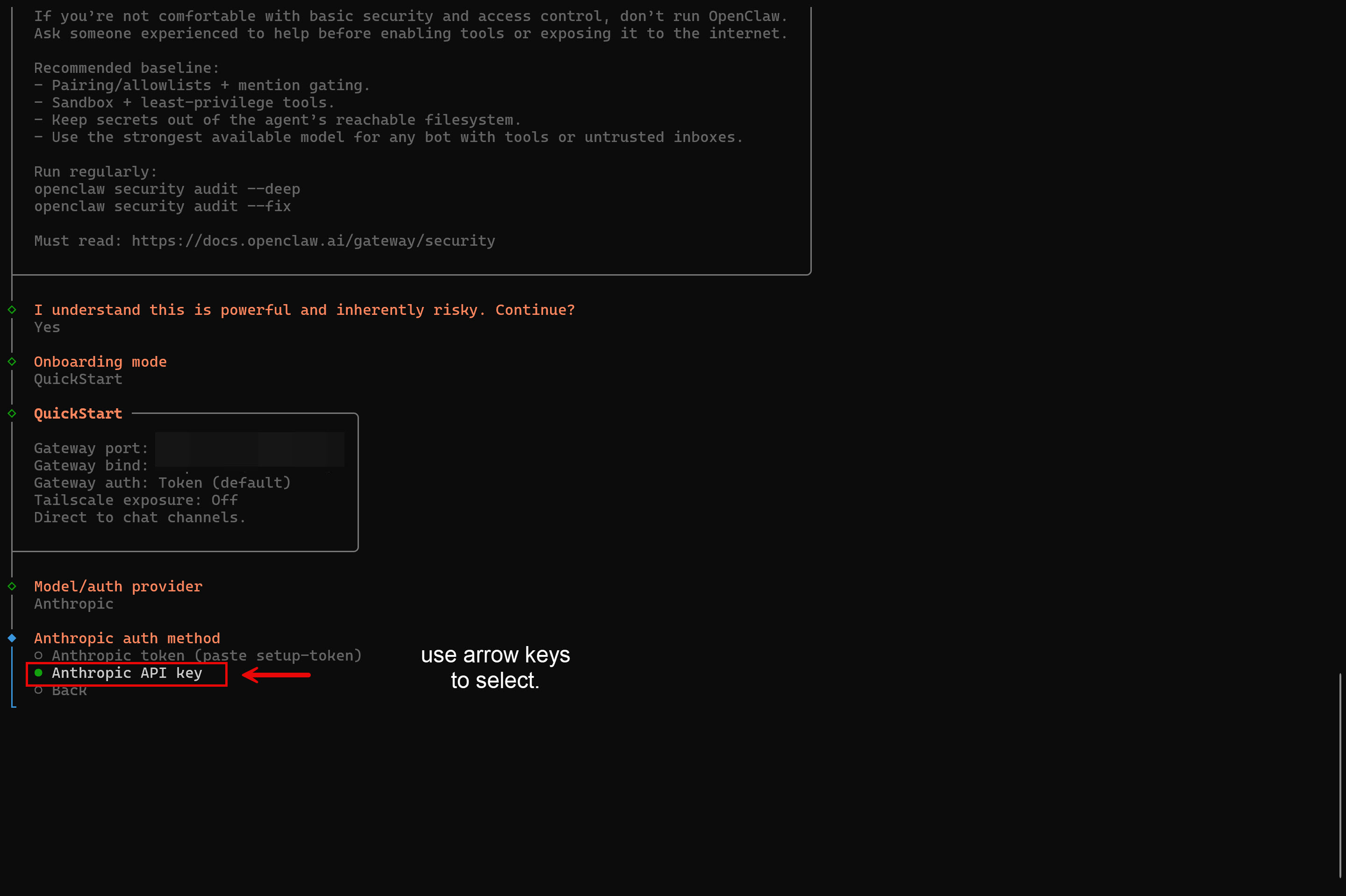 Select Anthropic API key auth method
